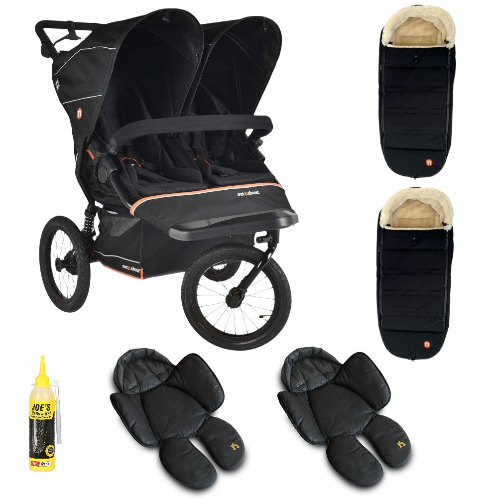 Out n About Nipper PLUS V6 Double in Summit Black colour way with 2 footmuffs and 2 newborn inserts.