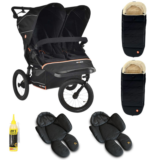 Out n About Nipper PLUS V6 Double in Summit Black colour way with 2 footmuffs and 2 newborn inserts.