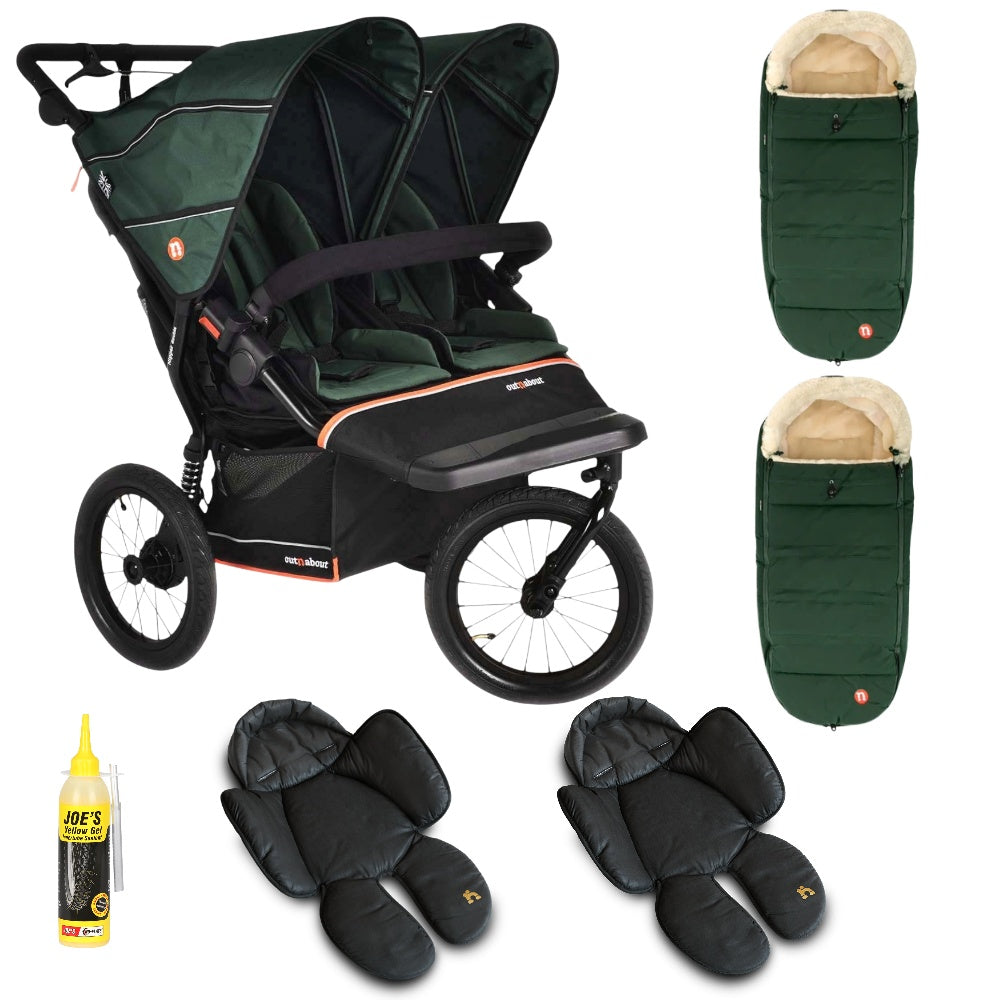 Out n About Nipper PLUS V6 Double in Sycamore Green colour way with 2 footmuffs and 2 newborn inserts.
