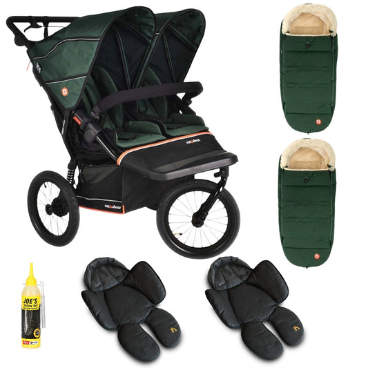 Out n About Nipper PLUS V6 Double in Sycamore Green colour way with 2 footmuffs and 2 newborn inserts.