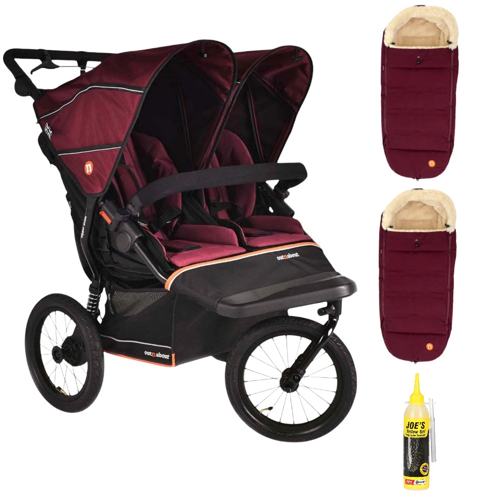 Out n About Nipper PLUS V6 Double in Brambleberry Red way with 2 footmuffs.