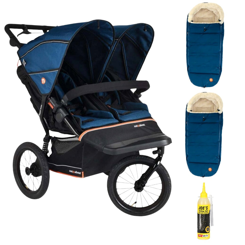 Out n About Nipper PLUS V6 Double in Highland Blue colour way with 2 footmuffs.