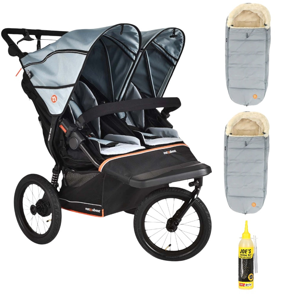 Out n About Nipper PLUS V6 Double in Rocksalt Grey way with 2 footmuffs.