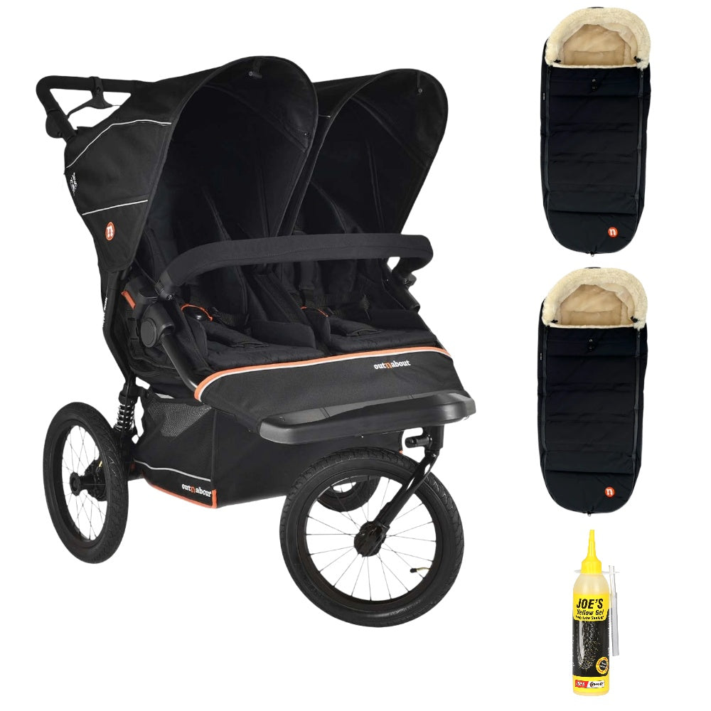 Out n About Nipper PLUS V6 Double in Summit Black colour way with 2 footmuffs.