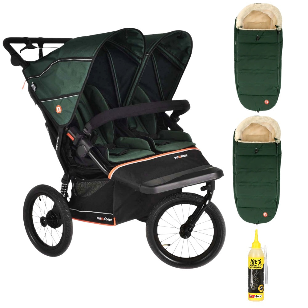 Out n About Nipper PLUS V6 Double in Sycamore Green colour way with 2 footmuffs.