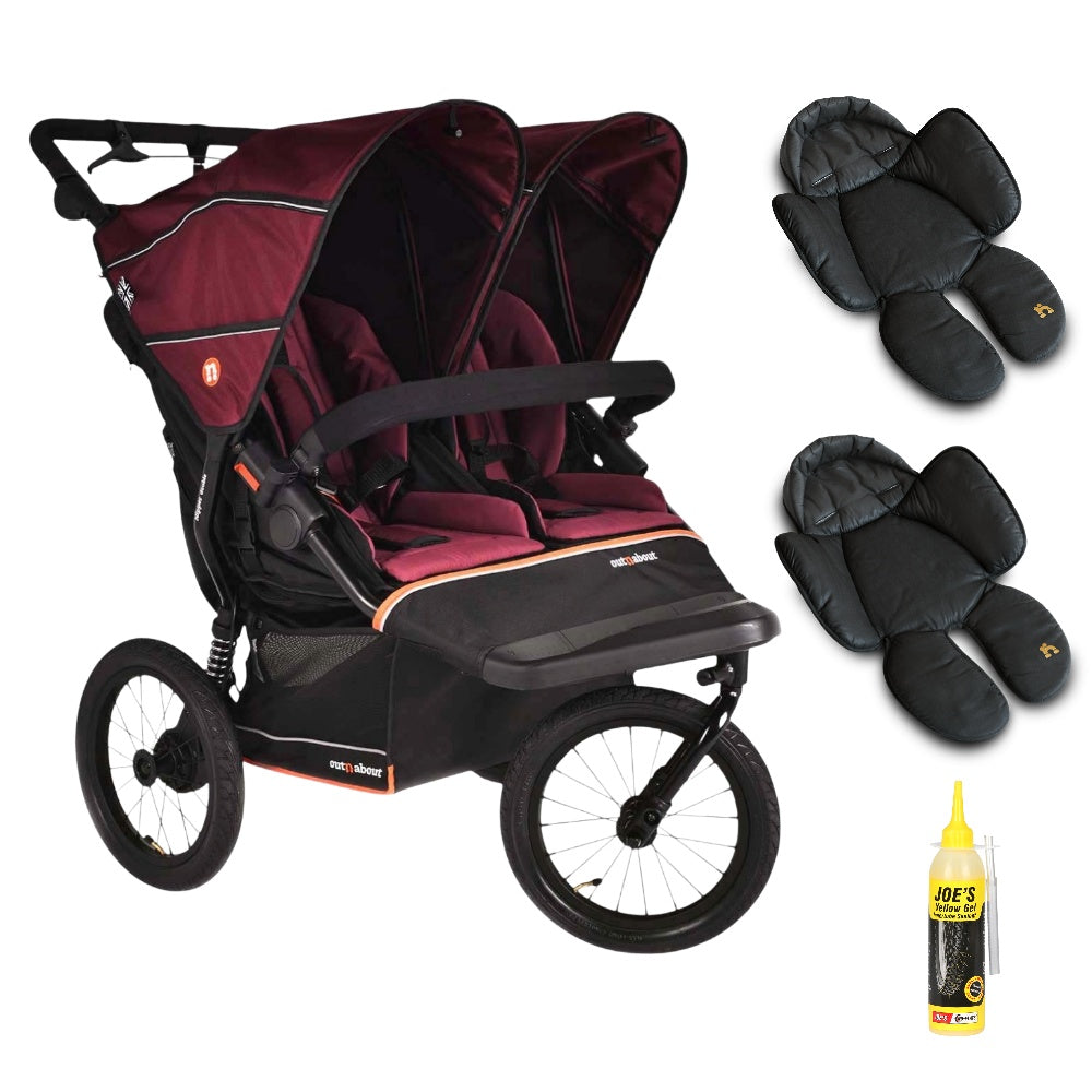 Out n About Nipper PLUS V6 Double in Brambleberry Red way with 2 newborn inserts.