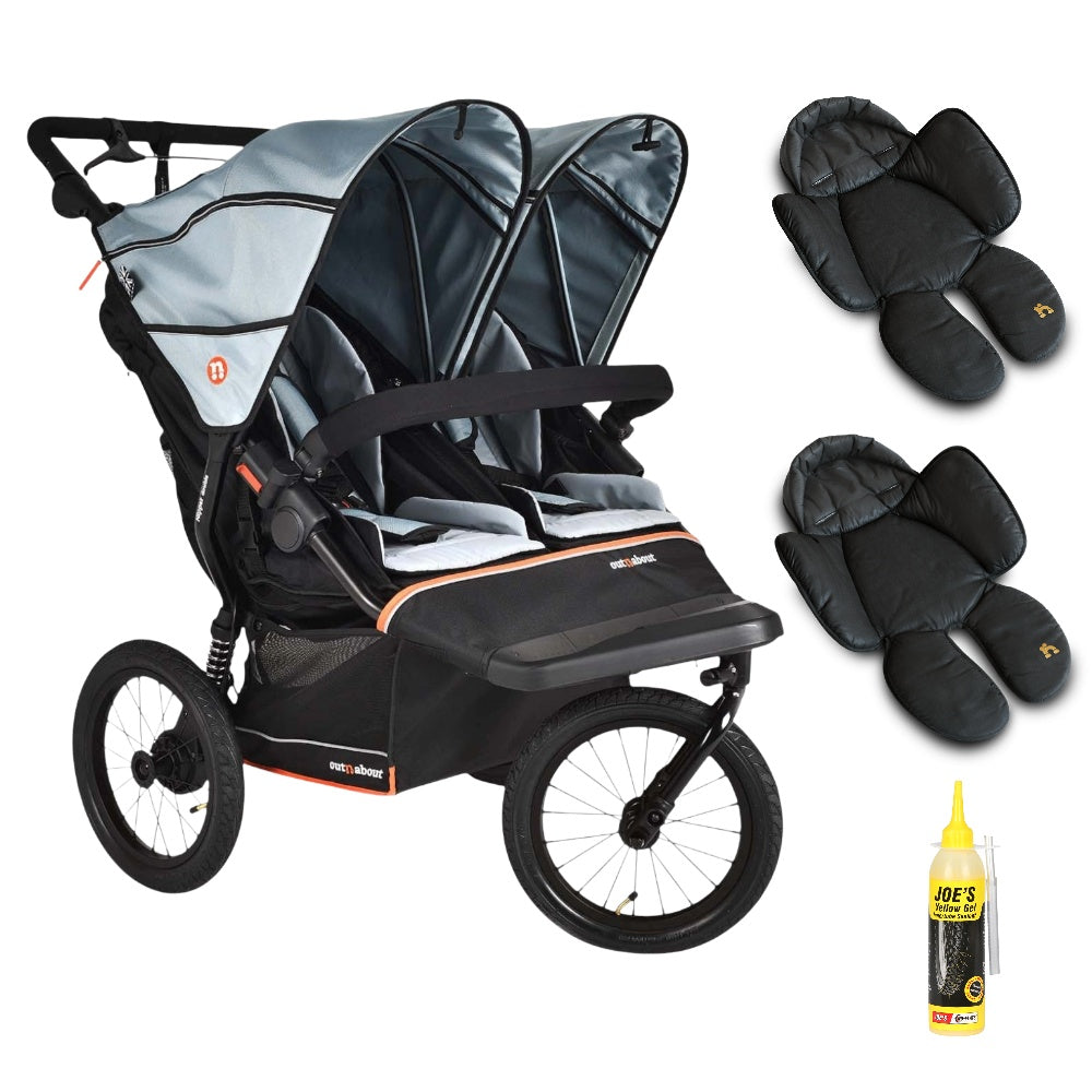 Out n About Nipper PLUS V6 Double in Rocksalt Grey colour way with 2 newborn inserts.