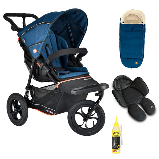 Out N About single V6 nipper in highland blue with footmuff and newborn insert