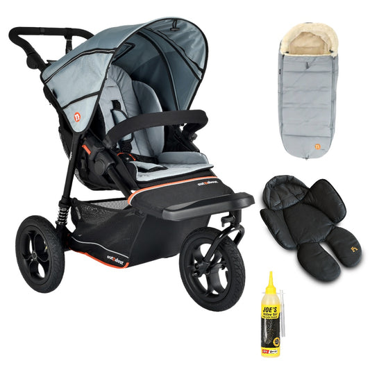 Out N About single V6 nipper in rocksalt grey with footmuff and newborn insert