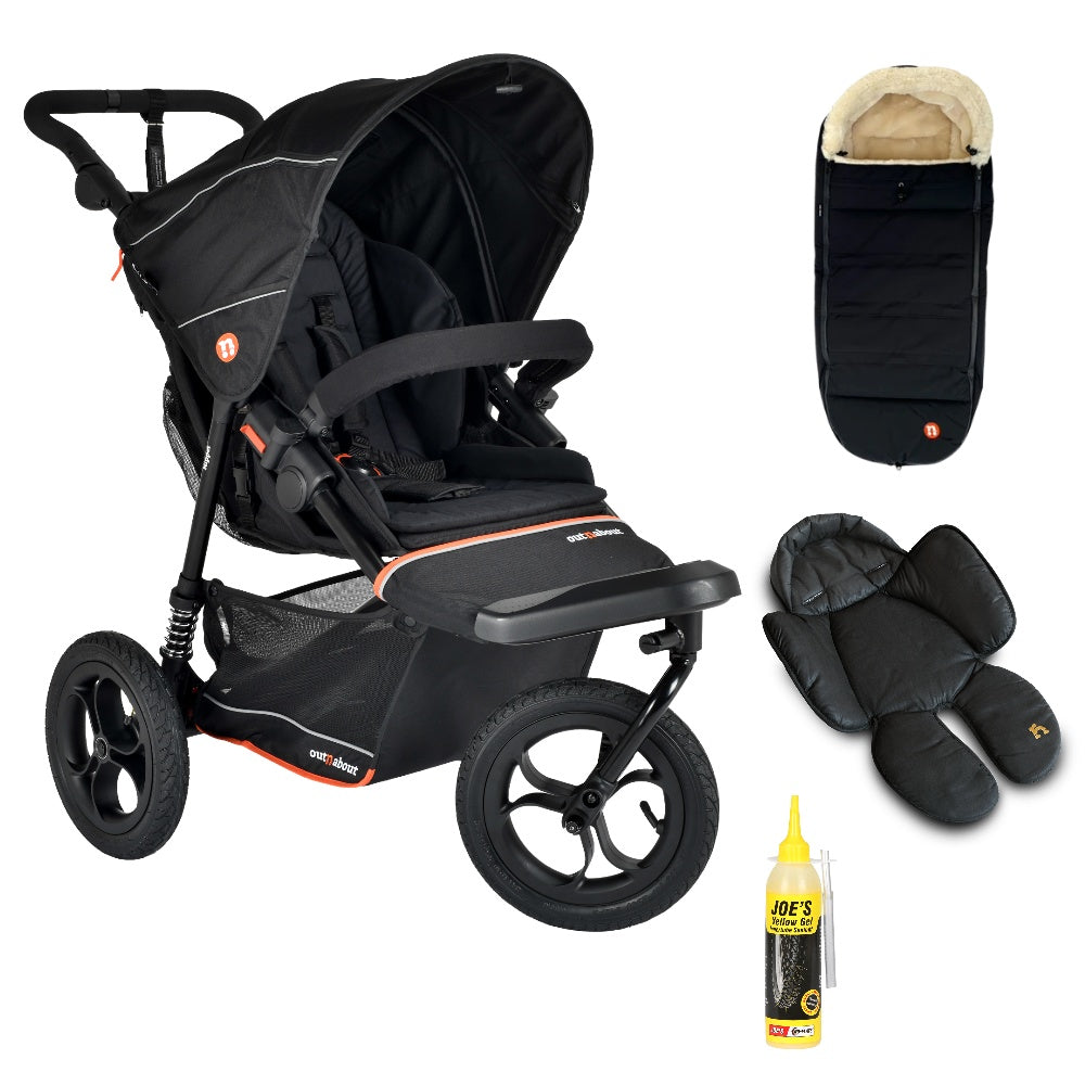 Out N About single V6 nipper in summit  black with footmuff and newborn insert