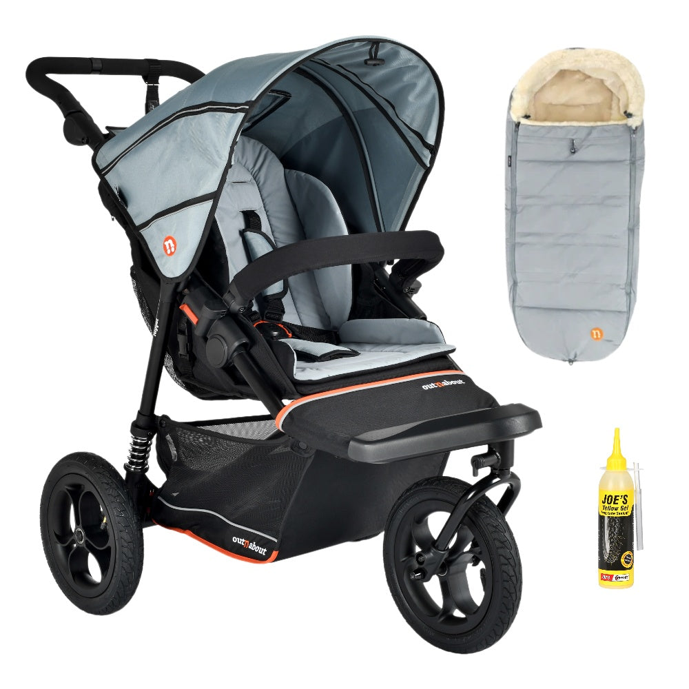 Out N About single V6 nipper in rocksalt grey with footmuff