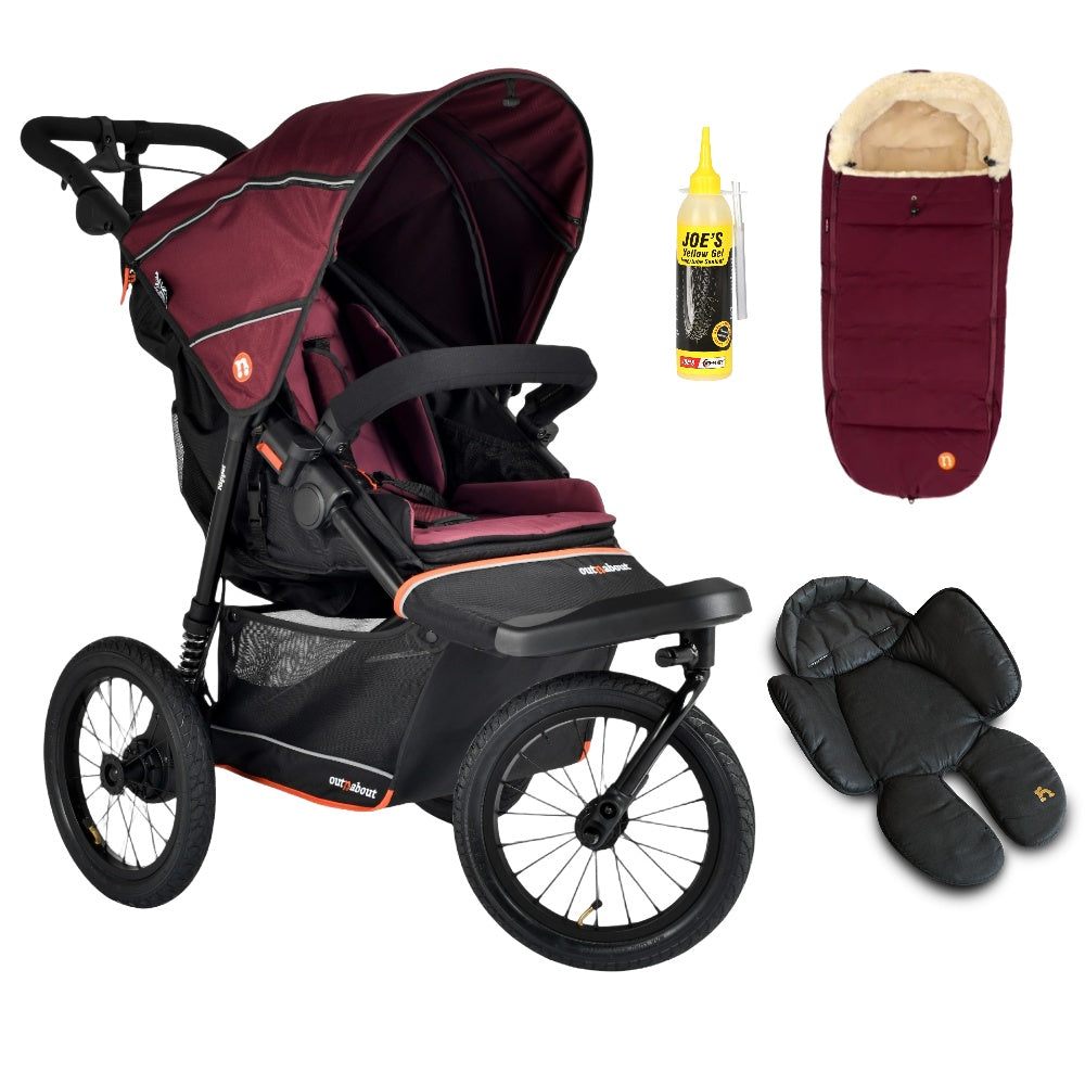 Out n About Nipper PLUS V6 Single in Brambleberry Red colour way with 1 footmuff and 1 newborn insert.