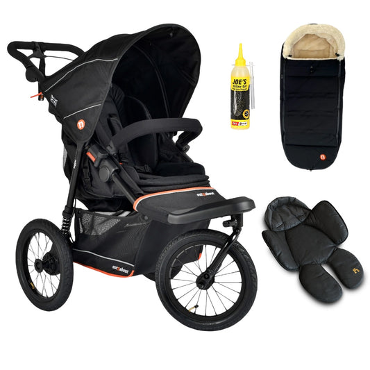 Out n About Nipper PLUS V6 Single in Summit Black colour way with 1 footmuff and 1 newborn insert.