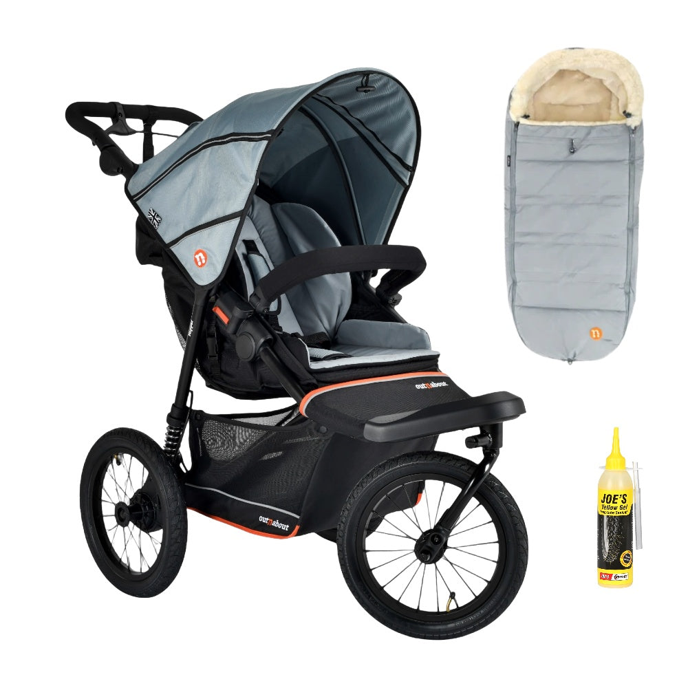 Out n About Nipper PLUS V6 Single in Rocksalt Grey colour way with 1 footmuff.