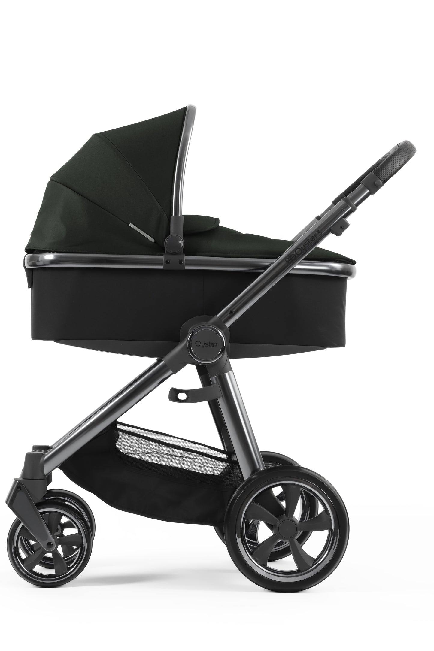 Oyster 3 Stroller in Black Olive with carrycot attached