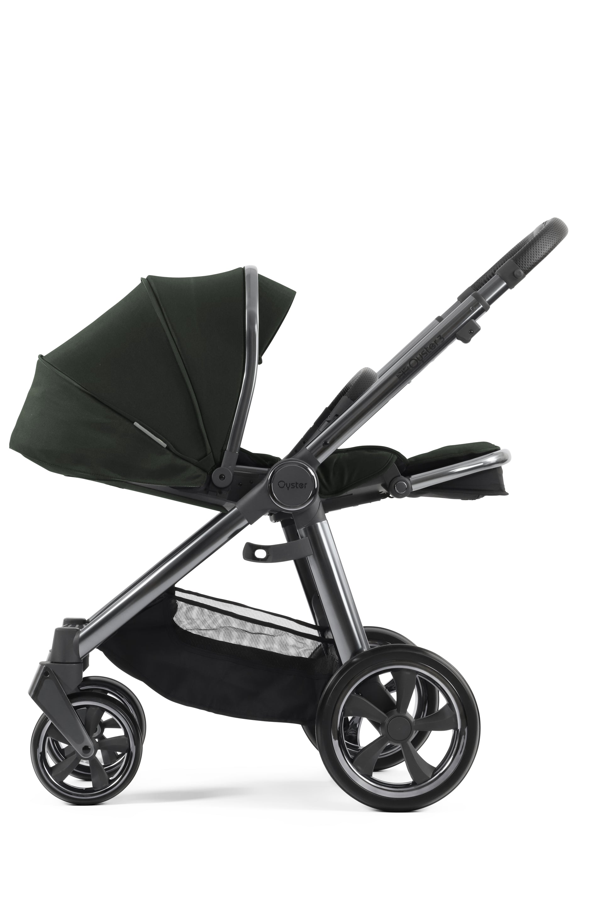 Oyster 3 Stroller in Black Olive with seat unit extended out for baby