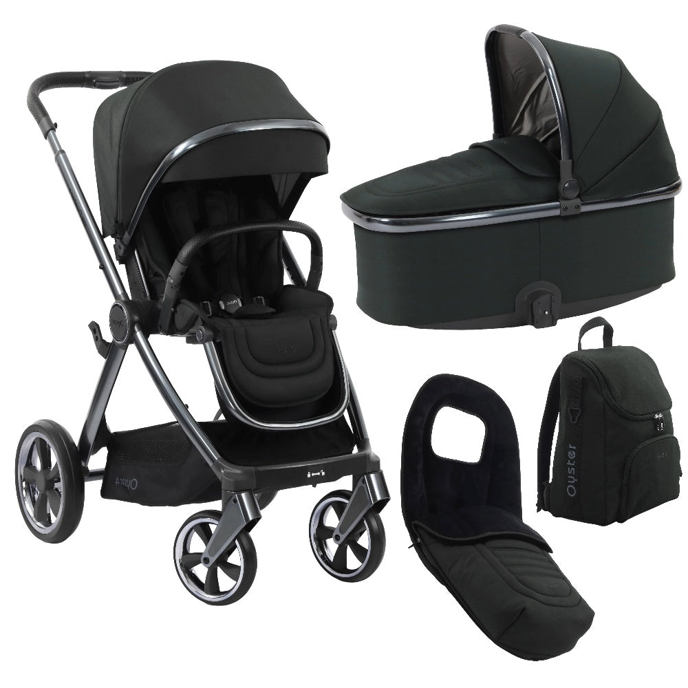 Oyster 4 stroller & carrycot in Black Olive colourway with matching accessories.