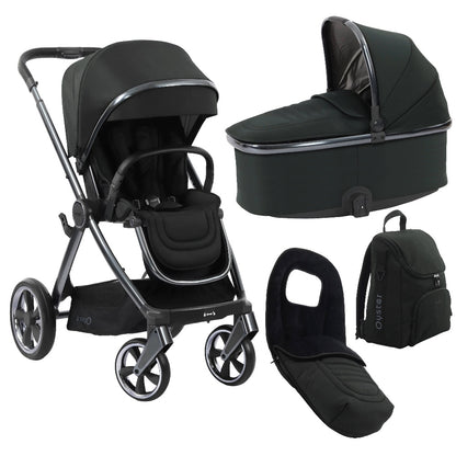 Oyster 4 stroller & carrycot in Black Olive colourway with matching accessories.