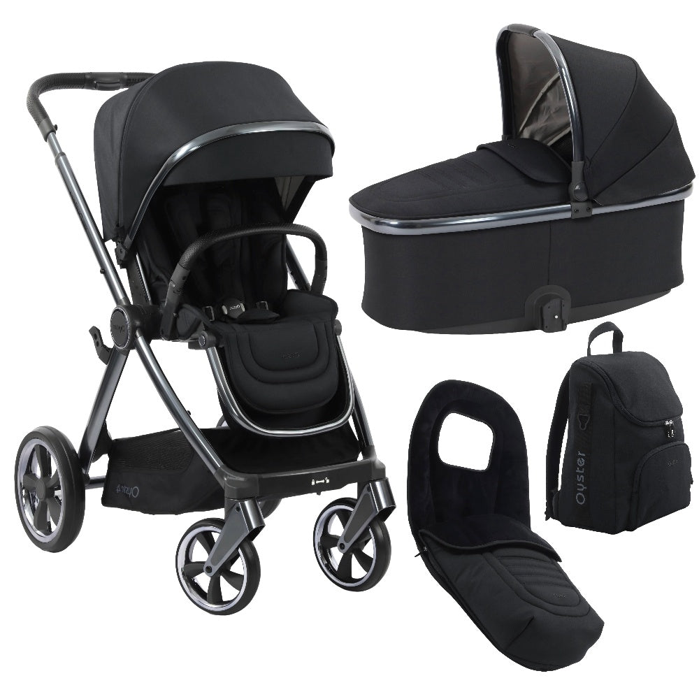 Oyster 4 stroller & carrycot in Carbonite colourway with matching accessories.