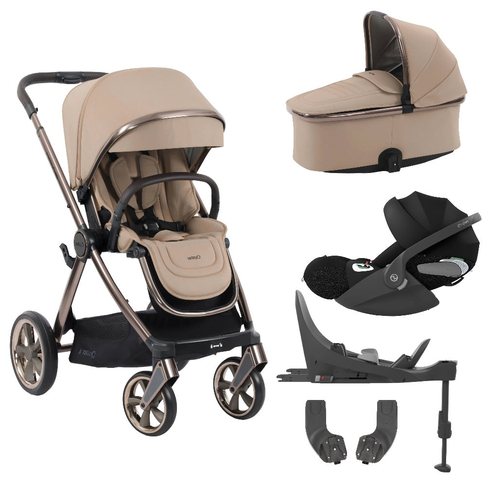 Oyster4 stroller & carrycot in Fawn Beige colourway with Cybex Cloud T car seat & isofix base.