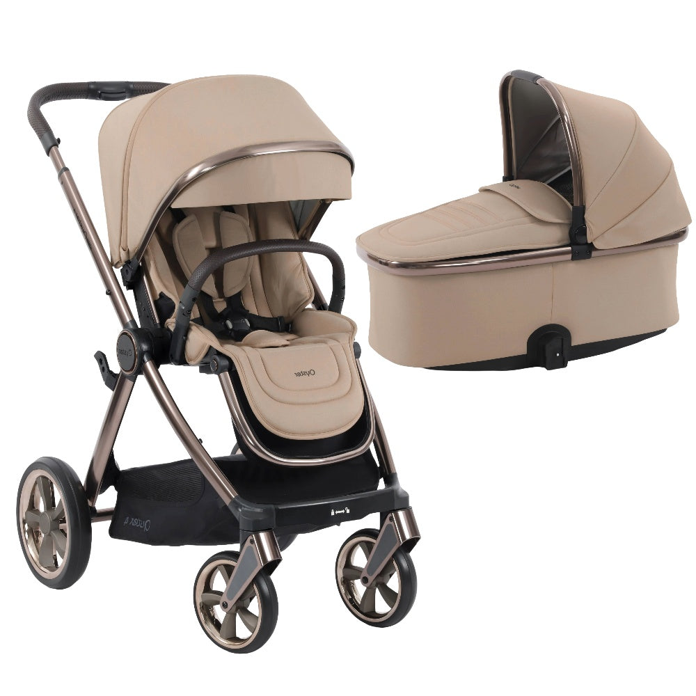 Oyster 4 stroller & carrycot in Fawn Beige colourway.