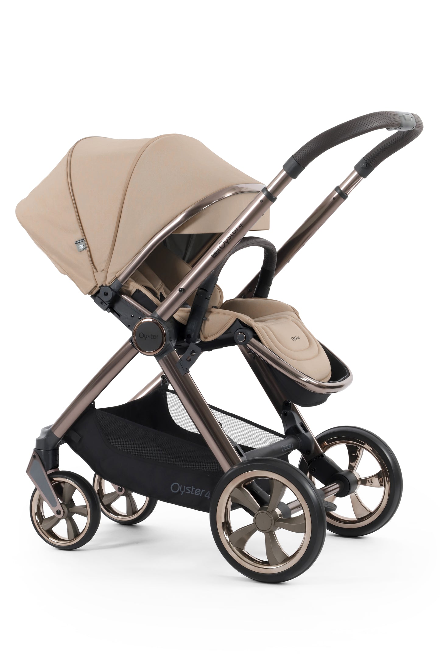 Oyster 4 Pushchair & carrycot in Fawn Beige, complete with all babies essential including car seat, crib, bath and bath time accessories.