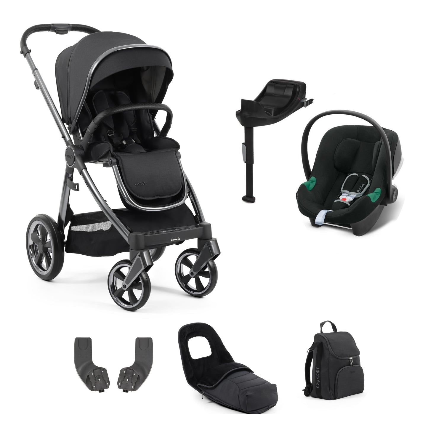 Oyster stroller in carbonite with accessories and an Aton b2 and base