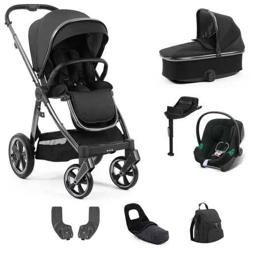 Oyster stroller in carbonite with carrycot, accessories and an Aton b2 and base