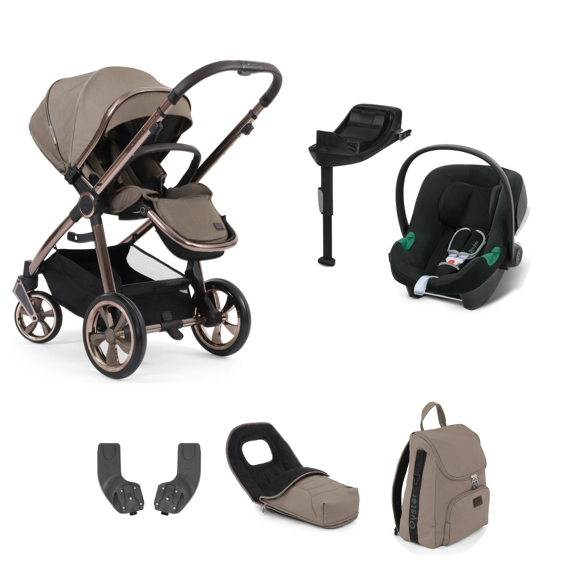 Oyster stroller in mink with accessories and an Aton b2 and base