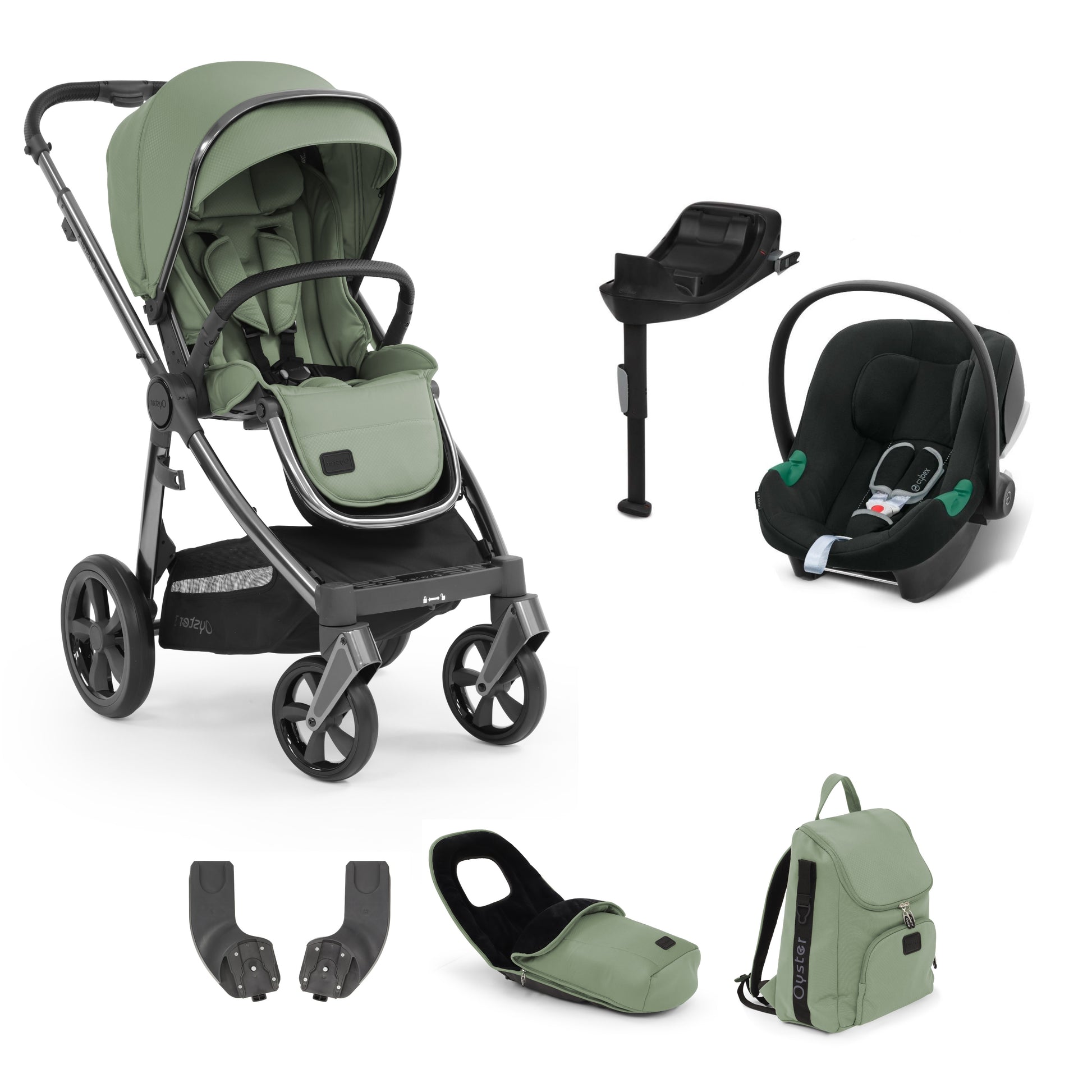 Oyster stroller in spearmint with accessories and an Aton b2 and base