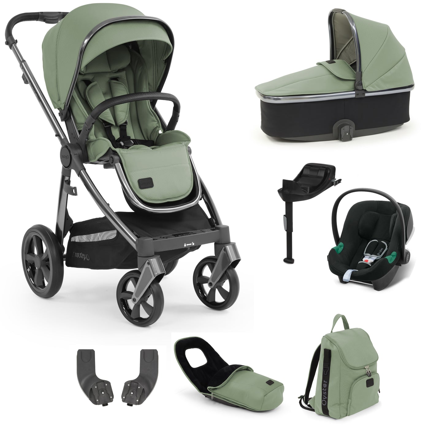 Oyster stroller in spearmint with carrycot, accessories and an Aton b2 and base