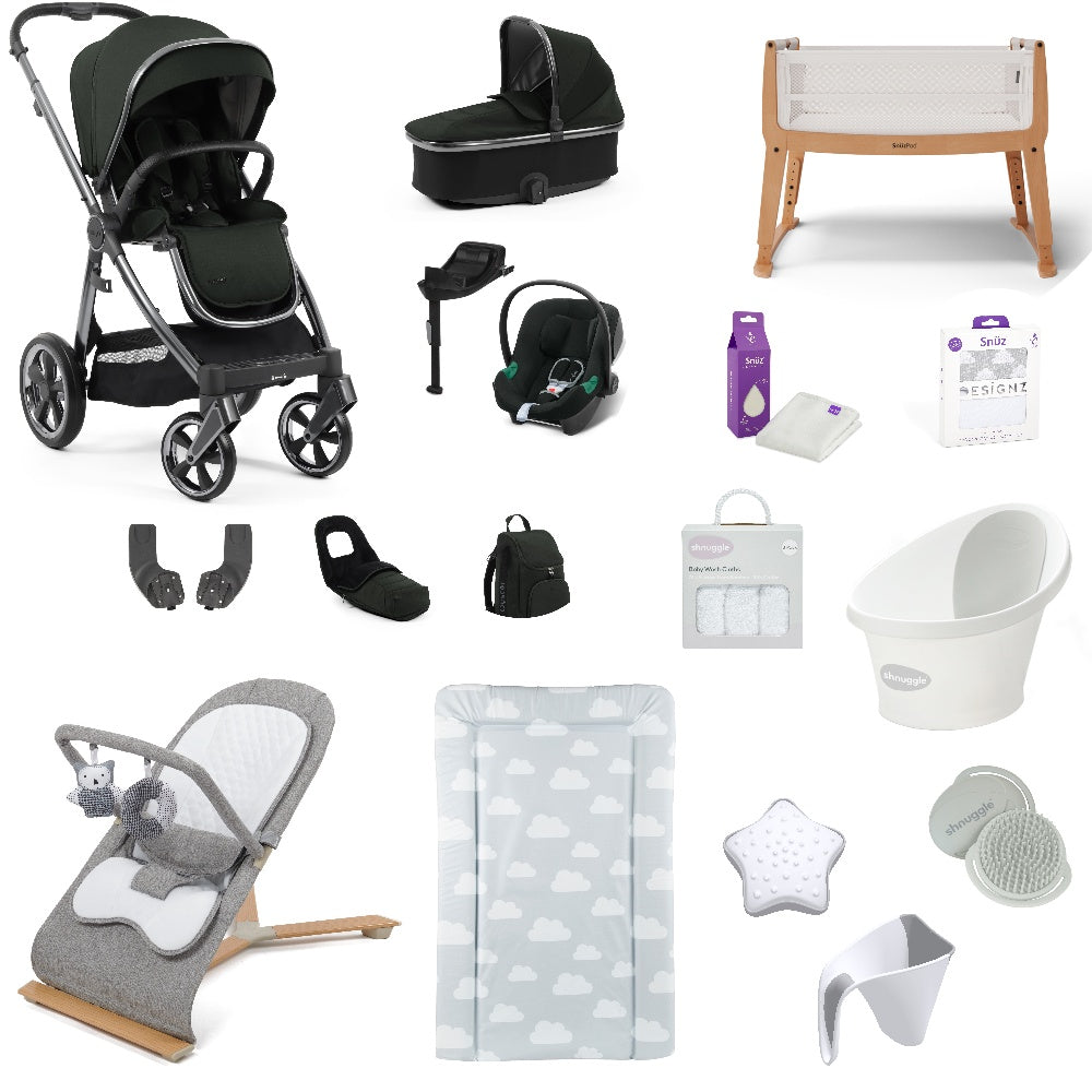 Oyster 3 Pushchair & carrycot in Black Olive, complete with all babies essential including car seat, crib, bath and bath time accessories.