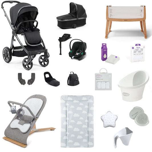 Oyster 3 Pushchair & carrycot in Carbonite, complete with all babies essential including car seat, crib, bath and bath time accessories.