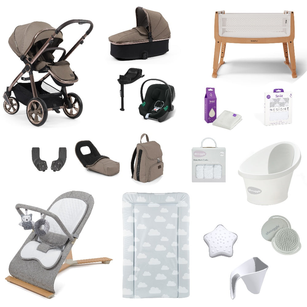 Oyster 3 Pushchair & carrycot in Mink, complete with all babies essential including car seat, crib, bath and bath time accessories.