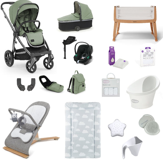 Oyster 3 Pushchair & carrycot in Spearmint, complete with all babies essential including car seat, crib, bath and bath time accessories.