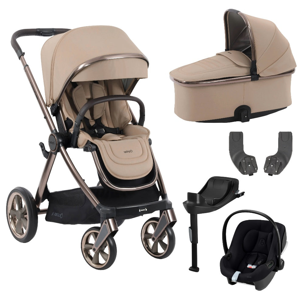 Oyster 4 stroller & carrycot in Fawn Beige colourway with Cybex aton B2 car seat & base.