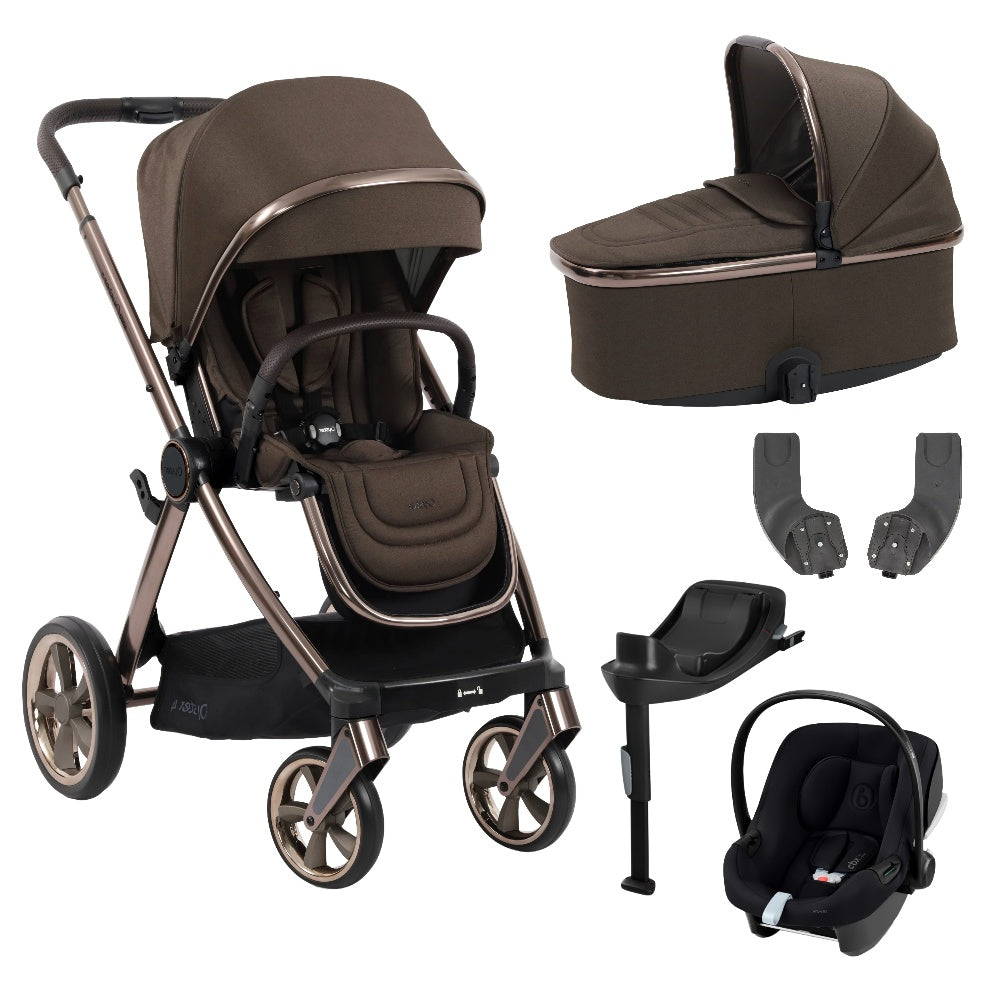 Oyster 4 stroller & carrycot in Chocolate Velvet colourway with Cybex aton B2 car seat & base.