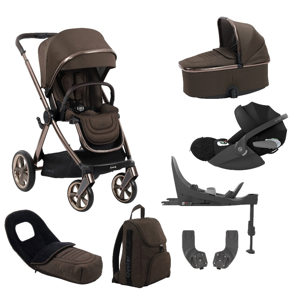 Oyster4 stroller & carrycot in Chocolate Velvet colourway with matching accessories and a Cybex Cloud T car seat & isofix base.