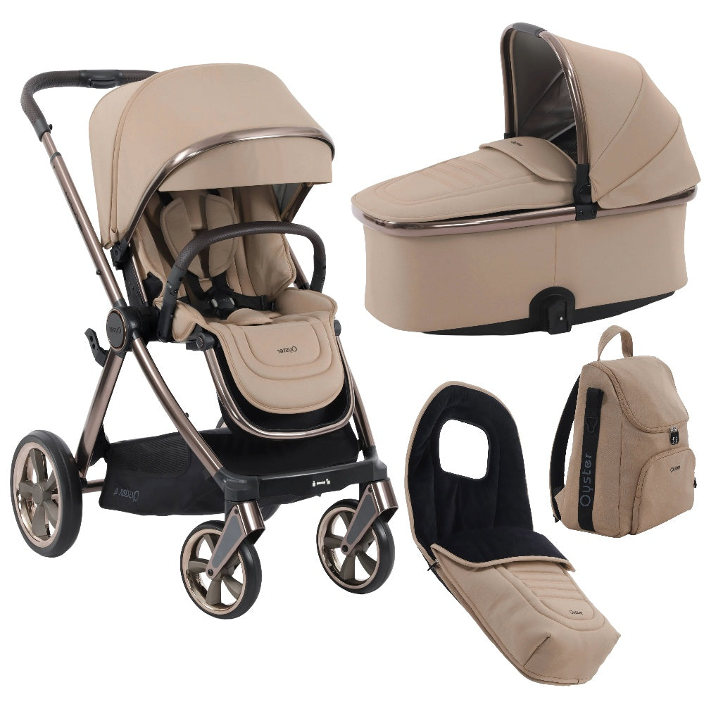 Oyster 4 stroller & carrycot in Fawn Beige colourway with matching accessories.