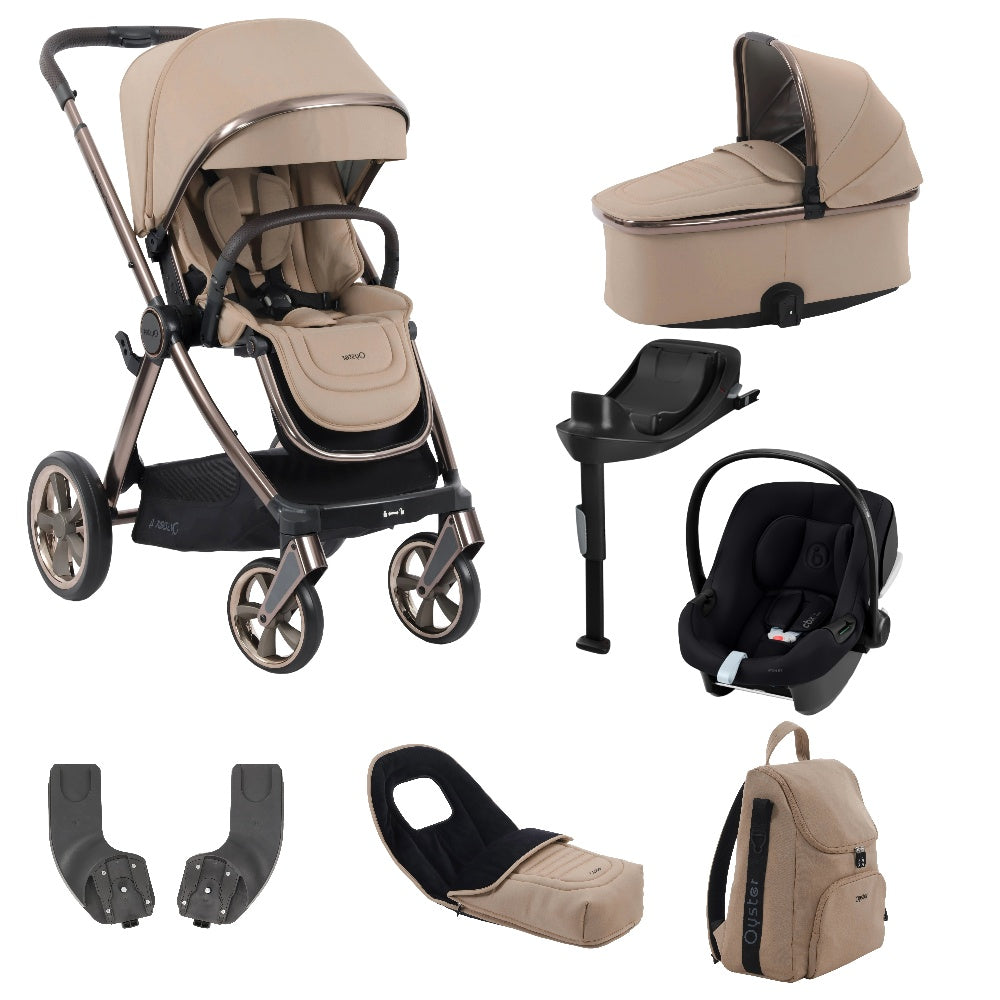 Oyster 4 Stroller in Fawn Beige colourway with carrycot and atonb2 car seat & matching accessories.