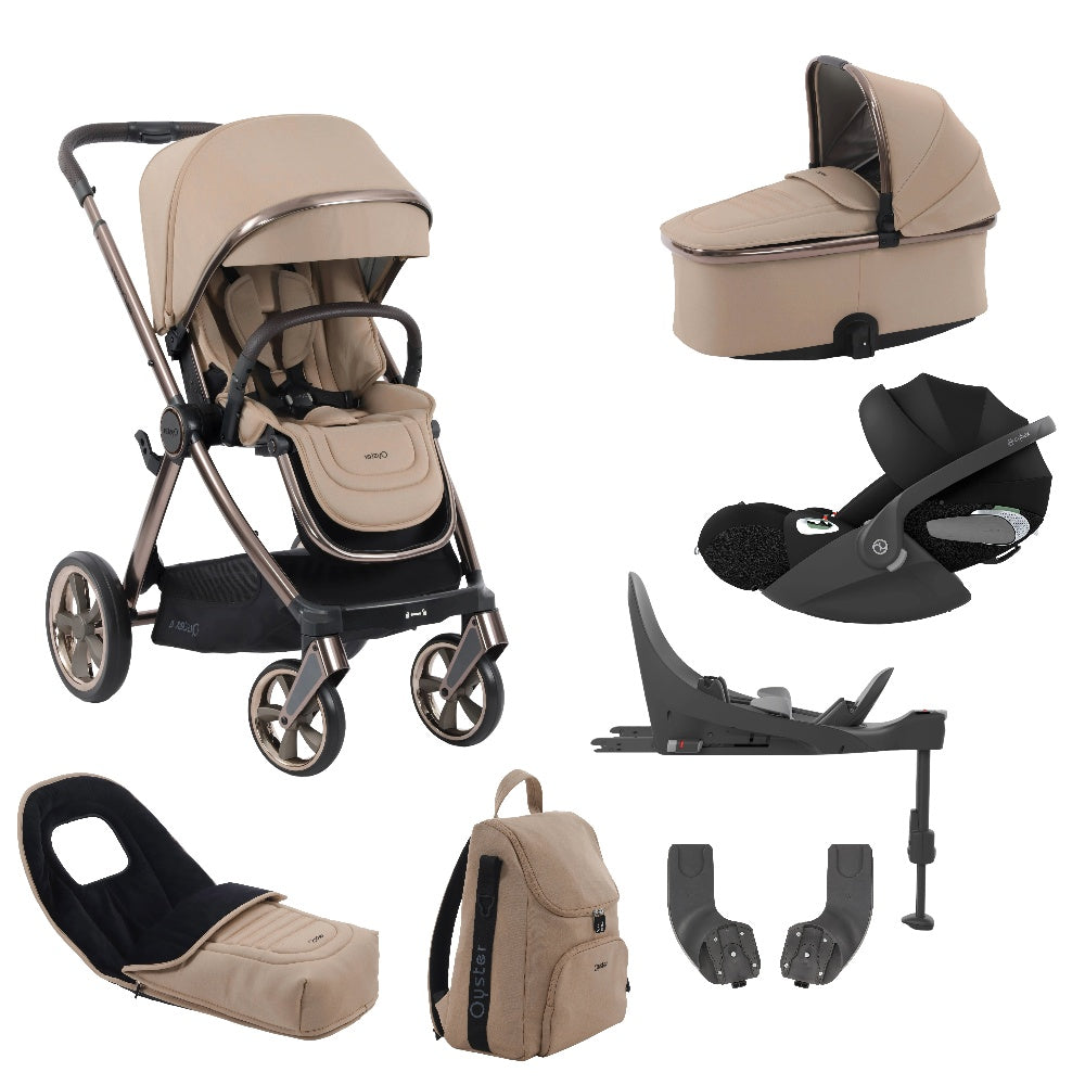 Oyster4 stroller & carrycot in Fawn Beige colourway with matching accessories and a Cybex Cloud T car seat & isofix base.