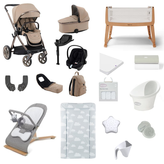 Oyster 4 Pushchair & carrycot in Fawn Beige, complete with all babies essential including car seat, crib, bath and bath time accessories.
