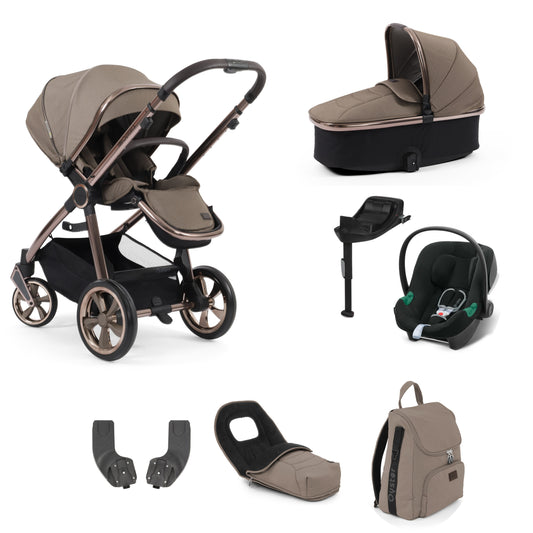 Oyster stroller in mink with carrycot, accessories and an Aton b2 and base