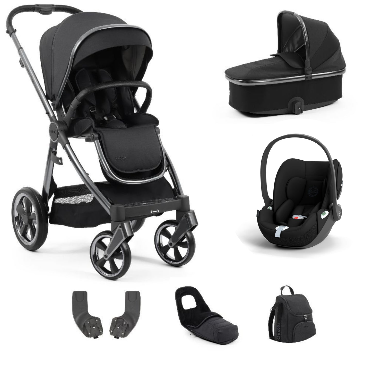 Oyster 3 black olive showcasing  accessories with a cloud t in black and a carrycot