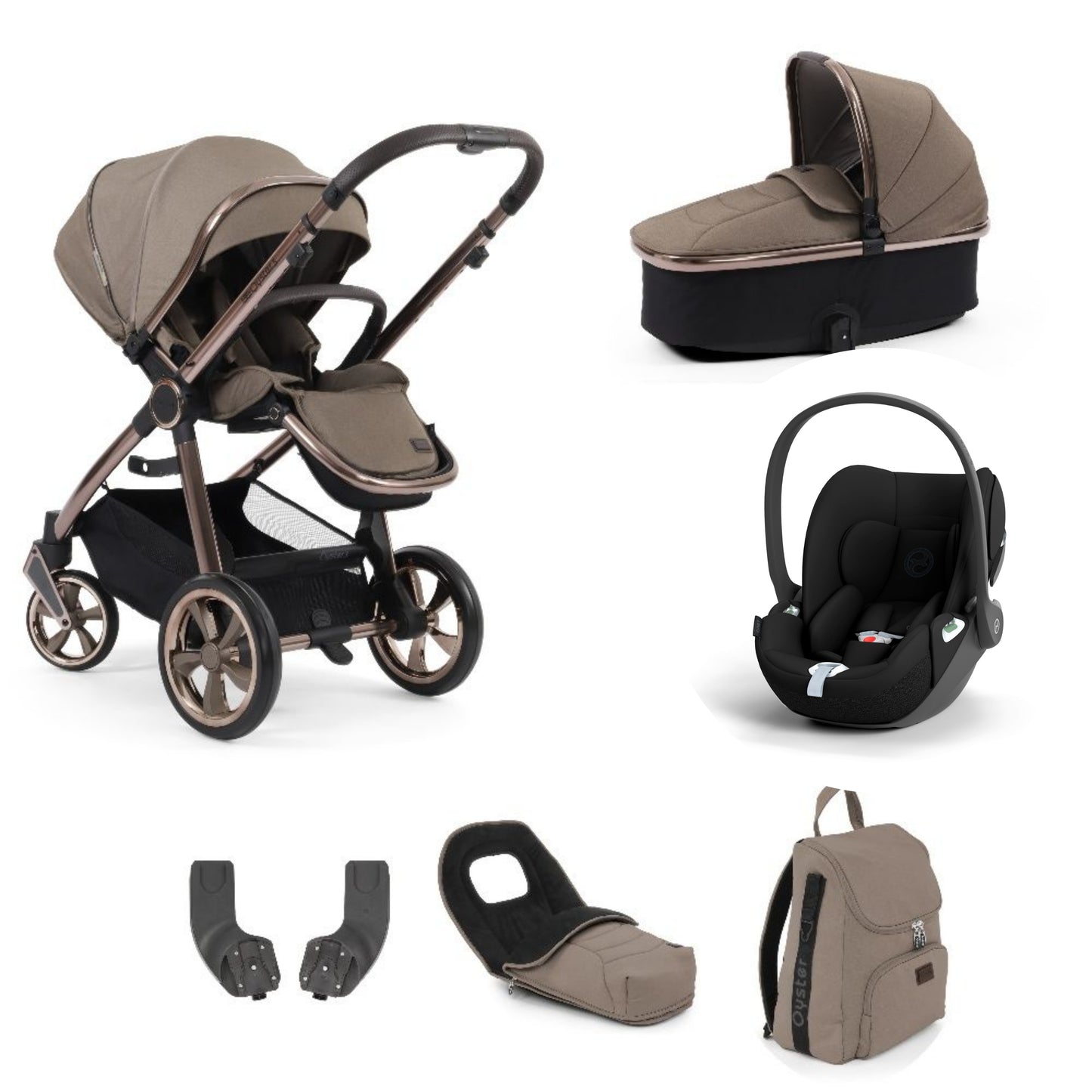 Oyster 3 mink showcasing  accessories with a cloud t in black and a carrycot