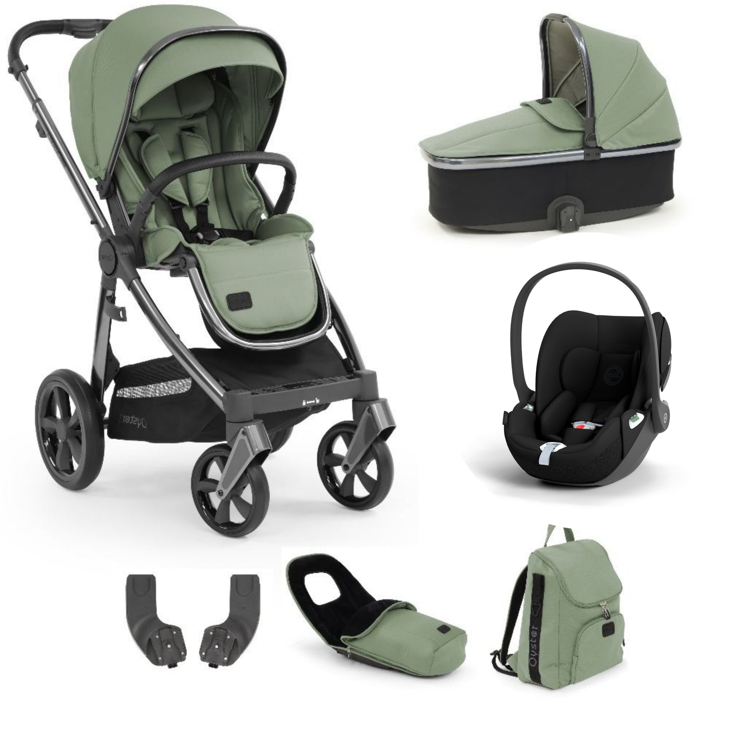 Oyster 3 spearmint showcasing  accessories with a cloud t in black and a carrycot