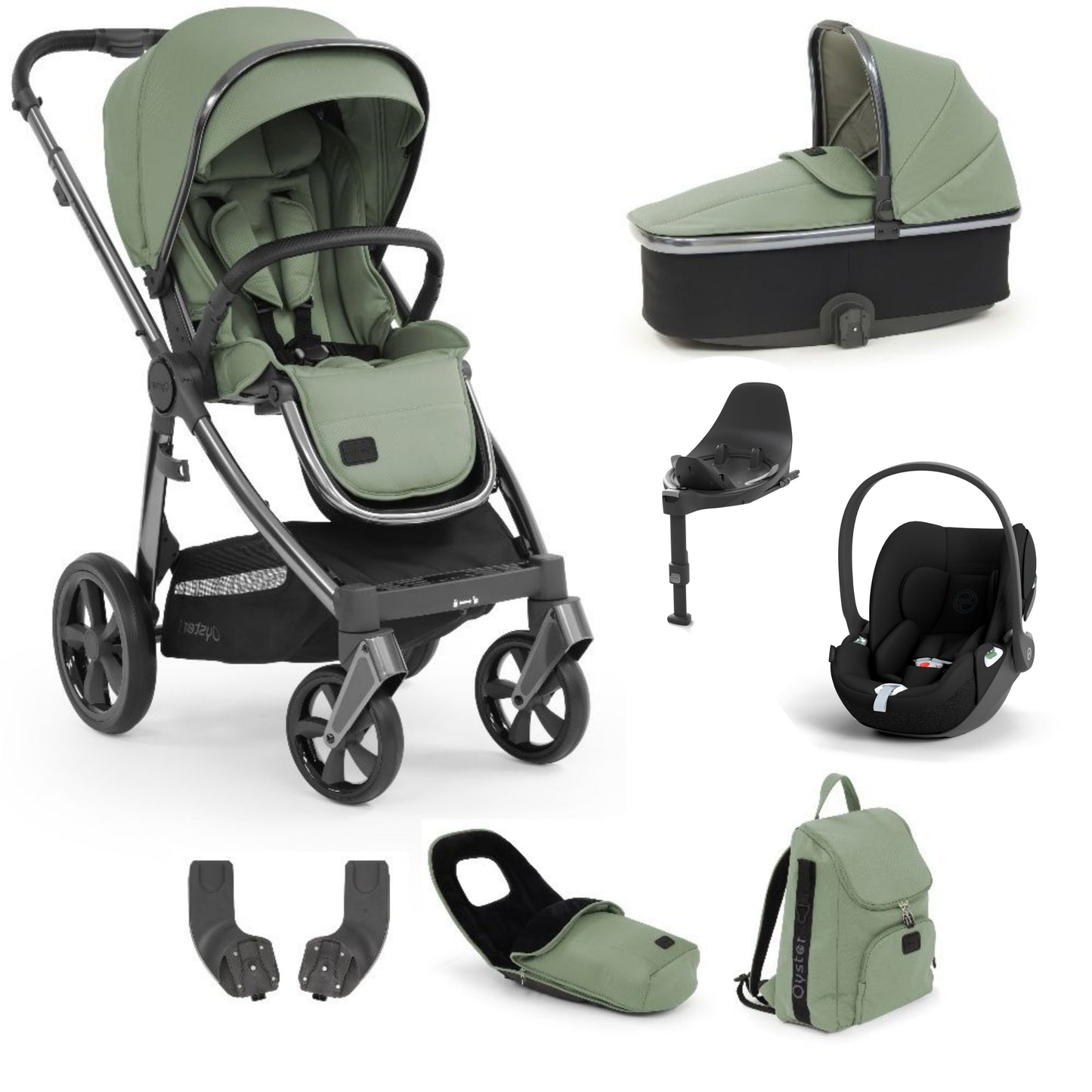 Oyster 3 spearmint showcasing  accessories with a cloud t in black a base t and a carrycot