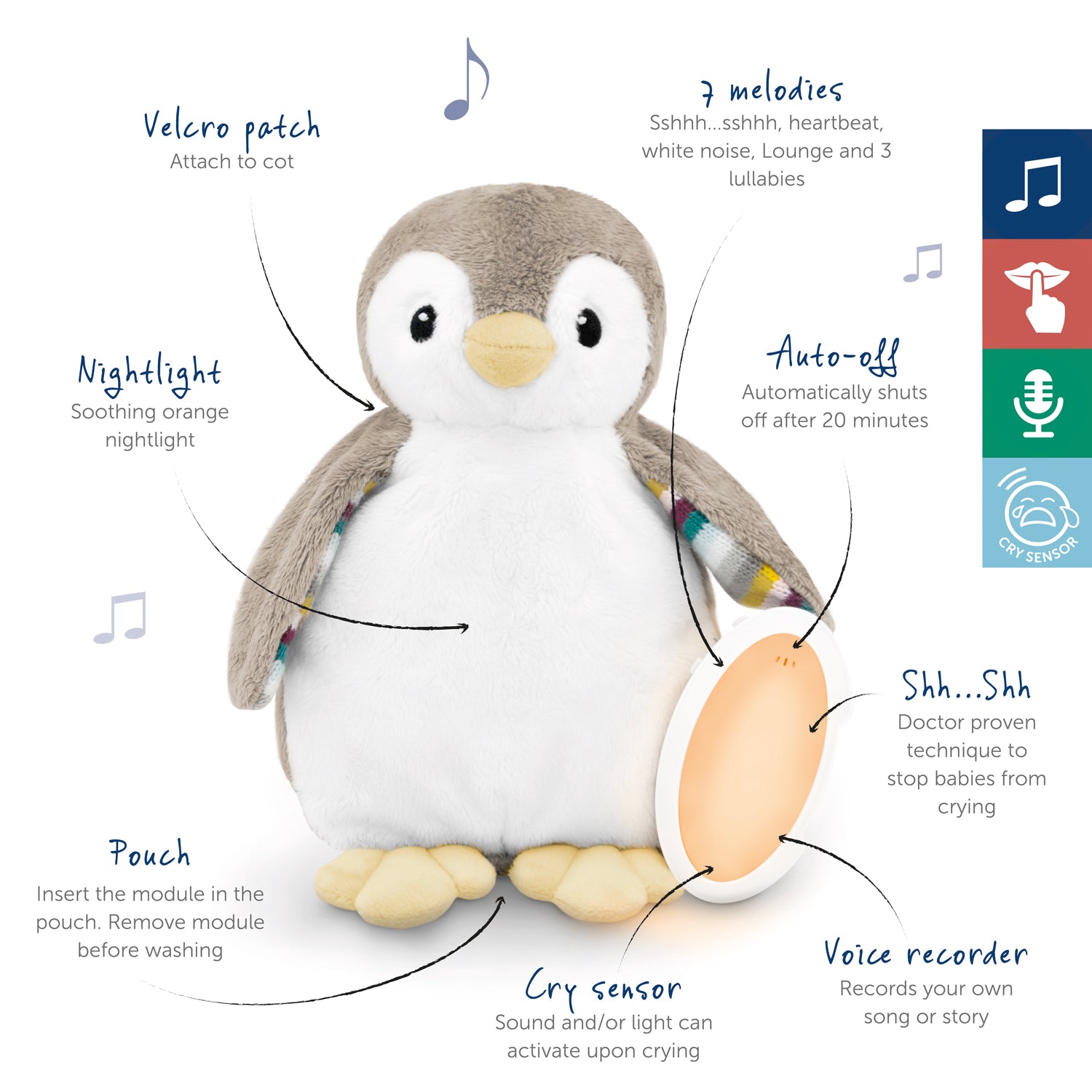 A beige and white bird with night light and soothing sounds, illustrating all of its features.