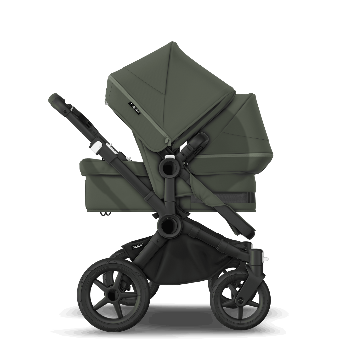 Forest Green Bugaboo Donkey 5 stroller with 2 x seat and1 x carrycot fabrics, designed for easy folding and adaptable for mono, duo or twin configurations.