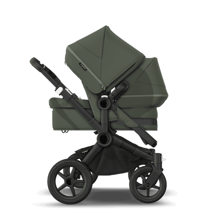 Forest Green Bugaboo Donkey 5 stroller with 2 x seat and1 x carrycot fabrics, designed for easy folding and adaptable for mono, duo or twin configurations.